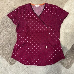 Code Happy V-Neck Scrub Top Womens Medium‎ Maroon Polka Dot 46609A Stretch